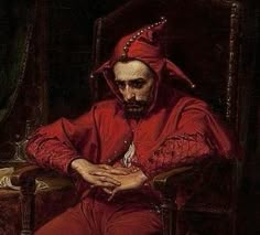 a painting of a man sitting in a chair with his hands clasped to his chest