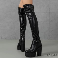 Lasaky - Over the Knee Boots with Hidden Stretch Panel Inside Thigh High Polyurethane Boots For Winter, Thigh High Polyurethane Winter Boots, Thigh High Polyurethane Boots For Fall, Thigh High Boots For Fall, Trendy Black Full Length Boots, Black Full Length Trendy Boots, Trendy Full Length Black Boots, Casual Polyurethane Heeled Boots For Fall, Casual Knee-high Platform High Heel Boots