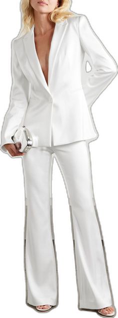 Modern White Formal Pants, White Tailored Elegant Bottoms, Tailored Elegant White Bottoms, Luxury White Pants For Wedding, Luxury White Wedding Bottoms, Chic Party Suits With Trousers, Elegant Party Suits, Elegant White Formal Bottoms, Chic Evening Suits With Straight Pants