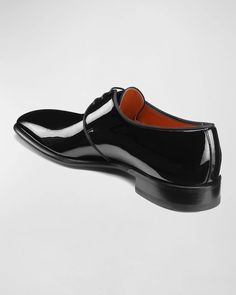 The Santoni 'Isogram' derby shoe elegantly melds modern details with timeless craftsmanship. Its glossy patent leather vamp with rounded toe and grosgrain piping creates a look that is both sophisticated and on-trend. Inspired by typography, the shoe's perforated detailing sets it apart from ordinary derbies. Expertly handmade in Italy, these shoes are built to withstand daily wear while still making a statement in your Instagram shots. Santoni Shoes Men, Santoni Shoes, Derby Shoe, Shoes Dress, Derby Shoes, Shoe Collection, Piping, Neiman Marcus, Derby