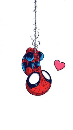 a spiderman keychain hanging from a chain with two hearts attached to it