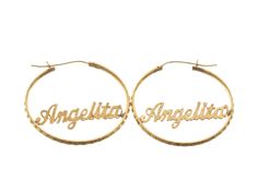 "Alluring Vintage \"Angelita\" Pattern Embellished Hoop Earrings - 10k Yellow Solid Gold - E1181 Never outdated, your outfit can never go wrong with hoop earrings. These iconic hoops are made completely out of 10k solid yellow gold, which ensures durability and comfort while wearing. In the middle, the phrase \"Angelita\" is enclosed. Condition: Excellent Vintage. Shows minimal signs of wear. (as pictured) Metal: 10k Solid Yellow Gold Inner Diameter: 34 mm Width: 2.4 mm Thickness: 1.65 mm Total Yellow Gold Round Hoop Earrings For Celebration, Custom Name Hoop Jewelry For Anniversary, Elegant Custom Name Hoop Jewelry, Round Name Earrings For Anniversary, Personalized Round Earrings For Anniversary, Personalized Round Anniversary Earrings, Personalized Yellow Gold Hoop Earrings For Anniversary, Baby Rings, Pink Gemstones