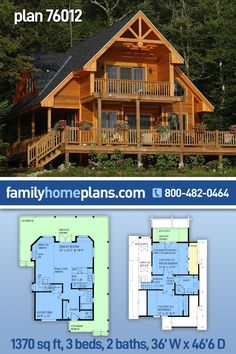 the floor plan for a log cabin home with two levels and an attached porch, is shown