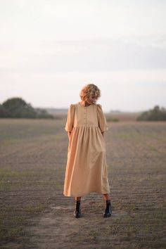 Tencel Fabric, Romantic Outfit, Burnt Orange Color, Ruffled Skirt, Empire Dress, Oversized Dress, Sleeves Dress, Egg Yolk, Ruffle Skirt