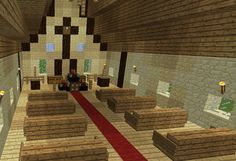 the interior of a minecraft church with red carpet and wooden pews on either side