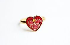 Red Orchid Heart Ring, Flower Ring, Heart Ring, Enamel Heart Ring, Enamel Ring, Red Flower Ring, Orc Heart-shaped Enamel Ring For Anniversary, Handmade Vintage Heart Ring Gift, Vintage Red Rings For Valentine's Day, Valentine's Day Enamel Heart Ring, Valentine's Day Gift Heart Ring In Enamel, Vintage Enamel Rings For Gifts, Cute Red Hand-painted Jewelry, Vintage Red Flower Ring For Wedding, Cute Red Hand Painted Jewelry