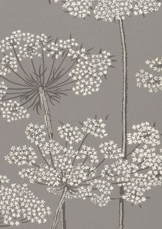 a gray and white wallpaper with flowers on it