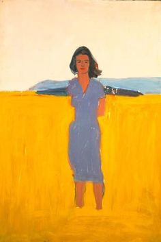 a painting of a woman in a blue dress standing in front of a yellow field