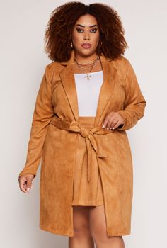 Long Sleeves, Collar, Wrap Coat, Tie Waist Belt, Solid, Faux Suede, Item Number 3927068516162 Beige Long Sleeve, Petite Size Chart, Plus Size Outerwear, Plus Size Coats, Wrap Coat, Colour Beige, Curvy Outfits, Womens Size Chart, Lc Lauren Conrad