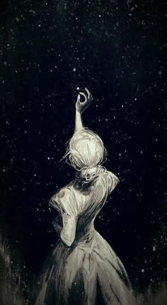 a black and white drawing of a woman in a dress looking up at the stars