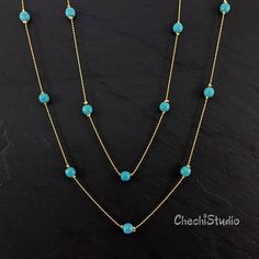 Turquoise Beaded Gold Chain Necklace December Birthstone | Etsy Turquoise Beaded Chain Necklace Gift, Turquoise Beaded Chain Long Necklace, Turquoise Long Necklace With Beaded Chain, Turquoise Beaded Chain Necklace For Gift, Turquoise Round Beads Crystal Necklaces For Jewelry Making, Turquoise Long Beaded Chain Necklace, Turquoise Long Necklace With Faceted Beads, Elegant Turquoise Wire Wrapped Beaded Necklace, Turquoise Long Crystal Necklaces For Jewelry Making