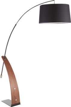 a floor lamp with a black shade on top and a wooden base in the middle