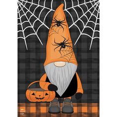 an orange and black cartoon character holding a pumpkin in front of a spider web net