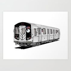 a black and white drawing of a subway train on the tracks with red, white, and blue stripes