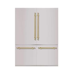 a white refrigerator freezer with gold handles