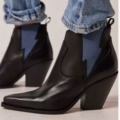 Brand New With Tags And Box! Free People Black Leather Flash Chelsea Western Boot. 4 Inch Heel. Fun Shoes, Western Ankle Boots, Chelsea Ankle Boots, Chunky High Heels, Free People Shoes, Free People Black, Lightning Bolt, Cowgirl Boots, Black Ankle Boots