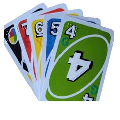 four different colored playing cards with numbers on each card and one number in the middle