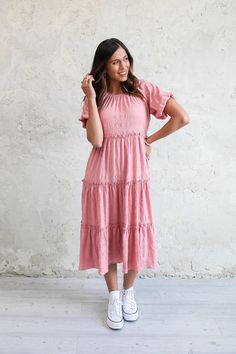 Serena modest midi dress in pink-NEW – JanieLanie Pink Flowy Tiered Dress, Flowy Midi Length Tiered Dress With Ruffle Hem, Pink Flowy Tiered Dress With Ruffles, Pink Midi Length Tiered Dress With Ruffle Hem, Flowy Pink Tiered Dress With Ruffles, Pink Tiered Dress With Layered Hem, Pink Tiered Skirt Midi Dress For Brunch, Feminine Midi Dress With Ruffle Hem And Tiered Skirt, Modest Flowy Tiered Dress With Ruffle Hem