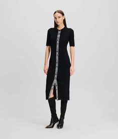 A preppy collar adds a touch of sophistication to this casual-cool knitted dress. Eye-catching KARL LAGERFELD logo tape running down the center front complete the fitted silhouette with a contemporary twist. Heel Accessories, Timeless Dress, Blouse Jeans, Rock Chic, Knitted Dress, Sleepwear & Loungewear, Evening Clutch Bag, Fitted Silhouette, Dress For Women