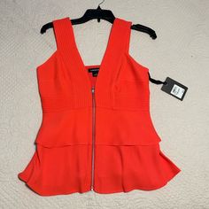 Trouve. The Blouse Is Orange/Red Exact Color. It Is Brand New With Tags, Extra Small Size With Open Zipper In Front Very Fashionable Very Stylish. Fitted Orange Tops For Work, Fitted Orange Top For Night Out, Orange Sleeveless Top For Night Out, White Satin Blouse, Open Blouse, Sheer Long Sleeve Top, Sleeveless Knit Top, Blouse Sleeveless, Black And White Blouse