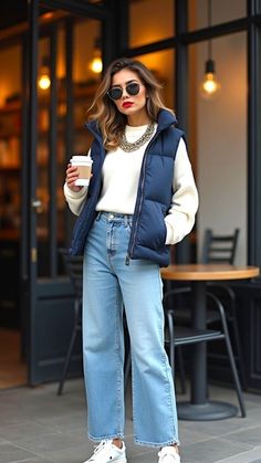 Layered Sweater Vest Outfits, Navy Puffer Vest Outfits For Women, Outfits With Puffer Vests For Women, Oversize Puffer Vest Outfit, Women’s Puffer Vest Outfit, Navy Puffer Vest Outfit, Wide Leg Jean Outfits Winter, Winter Wide Leg Jeans Outfit, Blue Puffer Vest Outfit