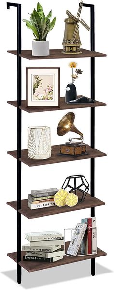 a book shelf with books and other items on top of it in front of a white background