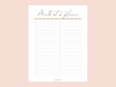 a pink and white wedding guest sign with the words, month at a glance on it