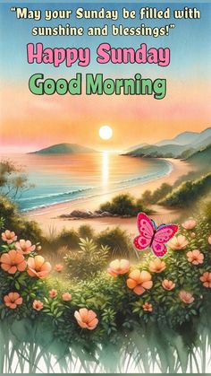 a greeting card with the words happy sunday good morning and a pink butterfly flying over flowers