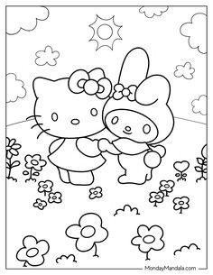 the hello kitty coloring page is shown in black and white, with flowers around it