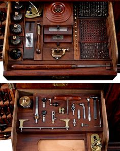 an open wooden box filled with lots of tools