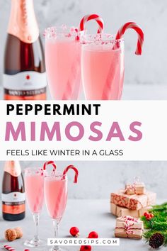 peppermint mimosas in glasses with candy canes and christmas decorations around them