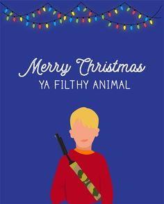 merry christmas ya filthy animal card with a boy holding a baseball bat and lights in the background