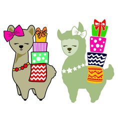 two llamas with presents on their back, one is wearing a pink bow