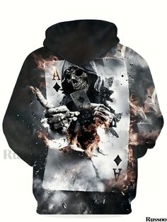 Russoo - Fall and Winter Fashion: Mens Plus Size Hooded Sweatshirt Featuring 3D Skull & Poker Cards Print, Ideal for Halloween and Casual Wear Black Skull Print Sweatshirt For Winter, Long Sleeve Hoodie With Skull Print For Halloween, Halloween Long Sleeve Hoodie With Skull Print, Black Skull Sweatshirt For Halloween, Black Skull Hoodie For Halloween, Black Halloween Sweatshirt With Skull, Halloween Skull Sweatshirt In Black, Black Halloween Skull Sweatshirt, Black Hoodie With Skull Print For Winter