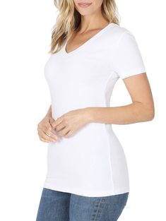 Your perfect everyday short sleeve cotton shirt. Great for layering or wearing by itself. Slightly longer in length and perfect for leggings or jeans. Pull on closure with a v style neckline. Fabric: 95% Cotton | 5% Spandex | Comfortable Cotton Fabric Basic Everyday Essential | Longer Length: 26.5" Pull On Closure | V-Neck | Short Sleeve Solid Colors | Stretchy | Not See Through | True to Size Longer Length: 26.5" | Chest: 28.5" Measured from size Small Cotton Stretch V-neck Short Sleeve Top, Solid Color Stretch V-neck Short Sleeve Top, Stretch V-neck T-shirt For Layering, V-neck Stretch T-shirt For Layering, White Stretch Short Sleeve Top, Long Tee Shirt, Long Tee Shirts, V Style, Fendi Fashion