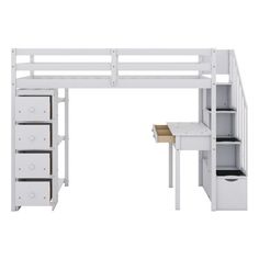 a white loft bed with desk and drawers underneath it on a white background, isolated against a white backdrop