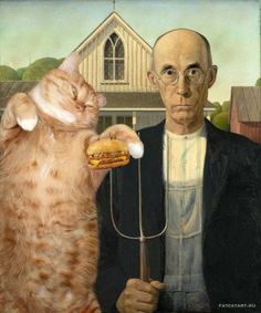 a painting of a man holding a sandwich and a cat standing in front of him