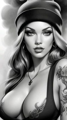 a black and white drawing of a woman with tattoos on her chest, wearing a beanie