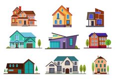 a set of nine houses with different styles and colors