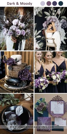 purple and black wedding color palettes for the bride's gown, dress, bouquet