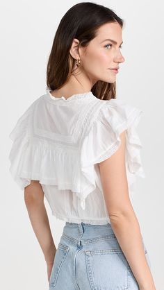 LoveShackFancy Nora Top | Shopbop Daywear Blouse With Lace Trim And Ruffle Sleeve, Fitted Top With Lace Trim And Flutter Sleeves, Daywear Tops With Lace Trim And Flutter Sleeves, Flutter Sleeve Tops With Lace Trim For Daywear, Fitted Blouse With Lace Trim And Ruffle Sleeves, Fitted Flutter Sleeve Tops For Daywear, Chic Blouse With Lace Trim And Flutter Sleeves, Elegant Blouse With Lace Trim And Flutter Sleeves, White Flutter Sleeve Blouse With Lace Trim