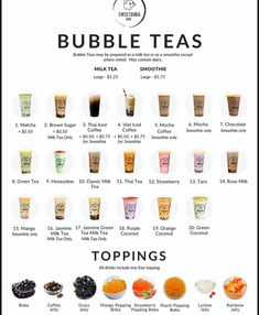 the bubble tea chart is full of different types of drinks and toppings to choose from