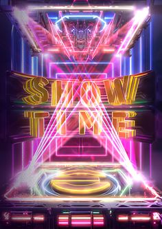 an image of a show time poster with neon lights and sound effects on the screen