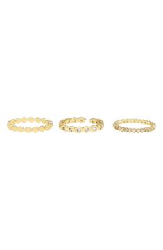 Scalloped edges create a unified theme among this trio of sophisticated, stackable rings plated in 18-karat gold. Set of three rings 18k-gold plate/cubic zirconia Imported Classic Gold Stackable Three Stone Rings, Classic Gold Three Stone Stackable Rings, Fine Jewelry Gold Stackable Three Stone Rings, Adjustable Gold Stackable Rings With Diamond Accents, Stackable Yellow Gold Midi Rings With Cubic Zirconia, Elegant Gold-plated Stackable Rings, Stackable Cubic Zirconia Midi Rings In Yellow Gold, Gold Stackable Midi Rings With Cubic Zirconia, Yellow Gold Stackable Midi Rings With Cubic Zirconia