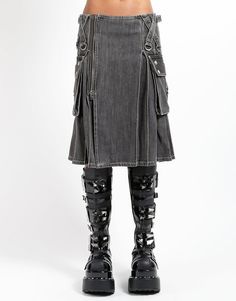 SUPER KILT BLACK DENIM Black Grunge Denim Skirt With Pockets, Black Punk Denim Skirt, Tactical Kilt, Leather Kilt, Strap Pants, Utility Kilt, Polyester Satin, Leather Dresses, Daily Dress