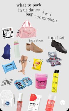 the contents of a woman's travel bag are shown in this graphic above it