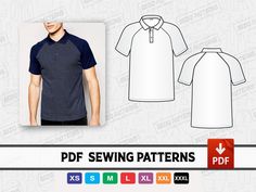 the front and back view of a men's polo shirt sewing pattern with an image of