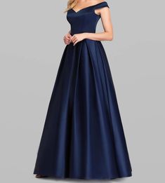 Blue Silk Off Shoulder Evening Gown (Elegant) Off-shoulder Ball Gown For Formal Occasions, Blue Satin Ball Gown For Prom, Blue Satin Prom Ball Gown, Blue Satin Ball Gown For Evening, Blue Satin Floor-length Ball Gown, Blue Satin Finish Evening Dress For Wedding, Blue Evening Dress With Satin Finish For Weddings, Blue Off-shoulder Gown For Prom, Elegant Off-shoulder Gown For Prom Season