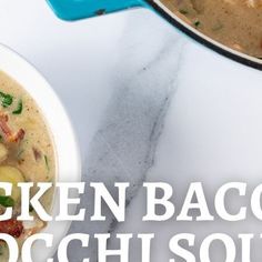 chicken bacon broccoli soup in a white bowl on a marble counter top with the words, chicken bacon broccoli soup