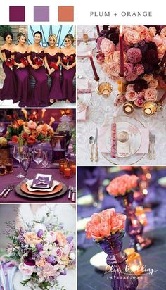 purple and orange wedding color palettes with flowers in vases, candles, napkins